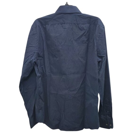 Express Design Studio 80s 2-Ply Cotton Modern Fit Navy Blue Stripe Dress Shirt L - Picture 7 of 7